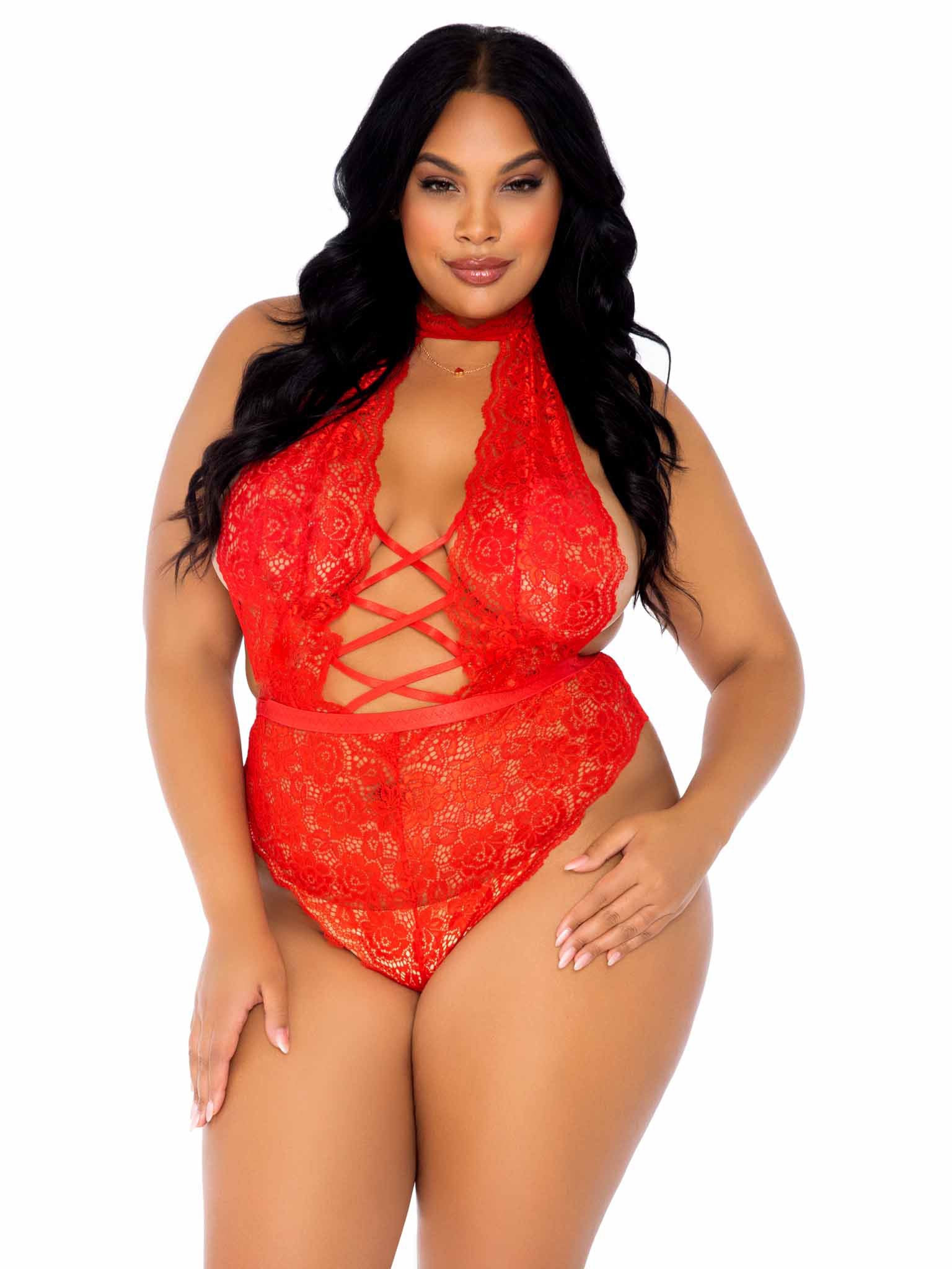 Leg Avenue Floral Lace Crotchless Teddy - Plus Size Lingerie - Red