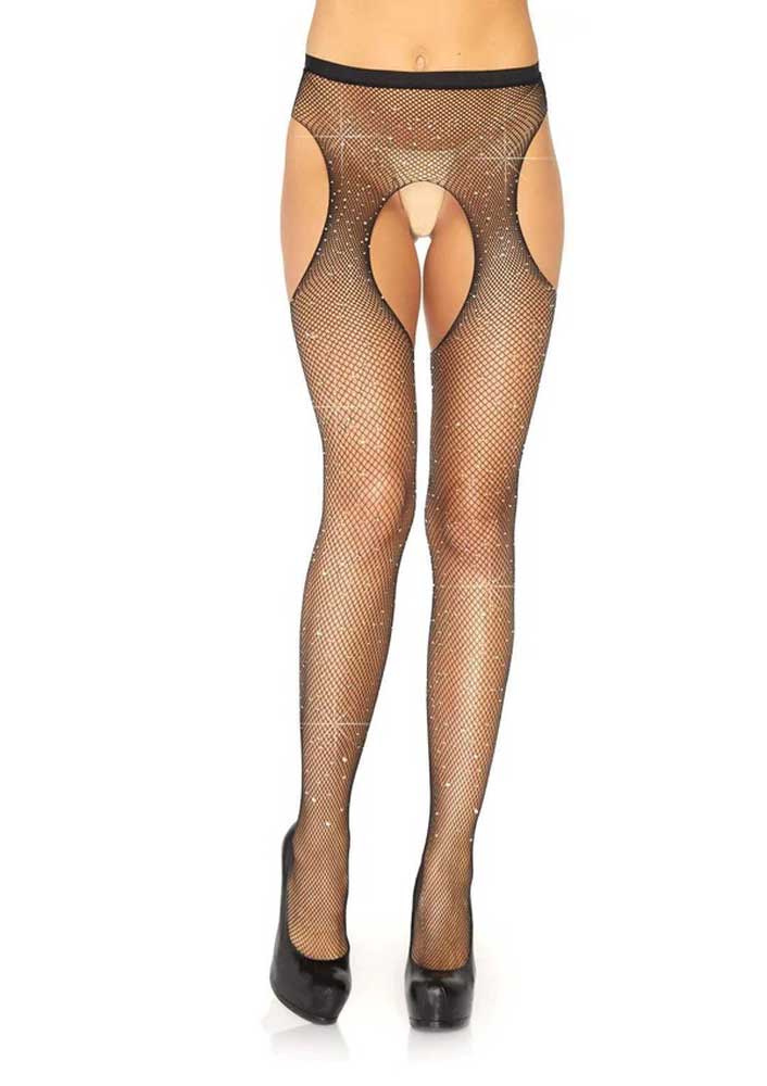 Leg Avenue Casey Rhinestone Fishnet Suspender Pantyhose - Crotchless Design - Black