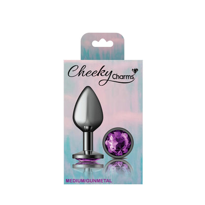 Cheeky Charms Medium Gunmetal Teardrop Anal Plug with Deep Purple Gemstone