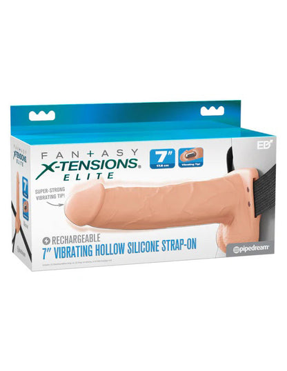 Pipedream Fantasy X-Tensions Elite 7" Vibrating Hollow Silicone Strap-on - Beige