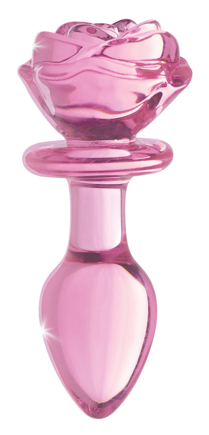 XR Brands Pink Rose Glass Anal Plug - Medium - Temperature Play