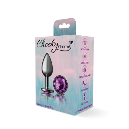 Cheeky Charms Small Gunmetal Metal Anal Plug with Deep Purple Acrylic Gemstone