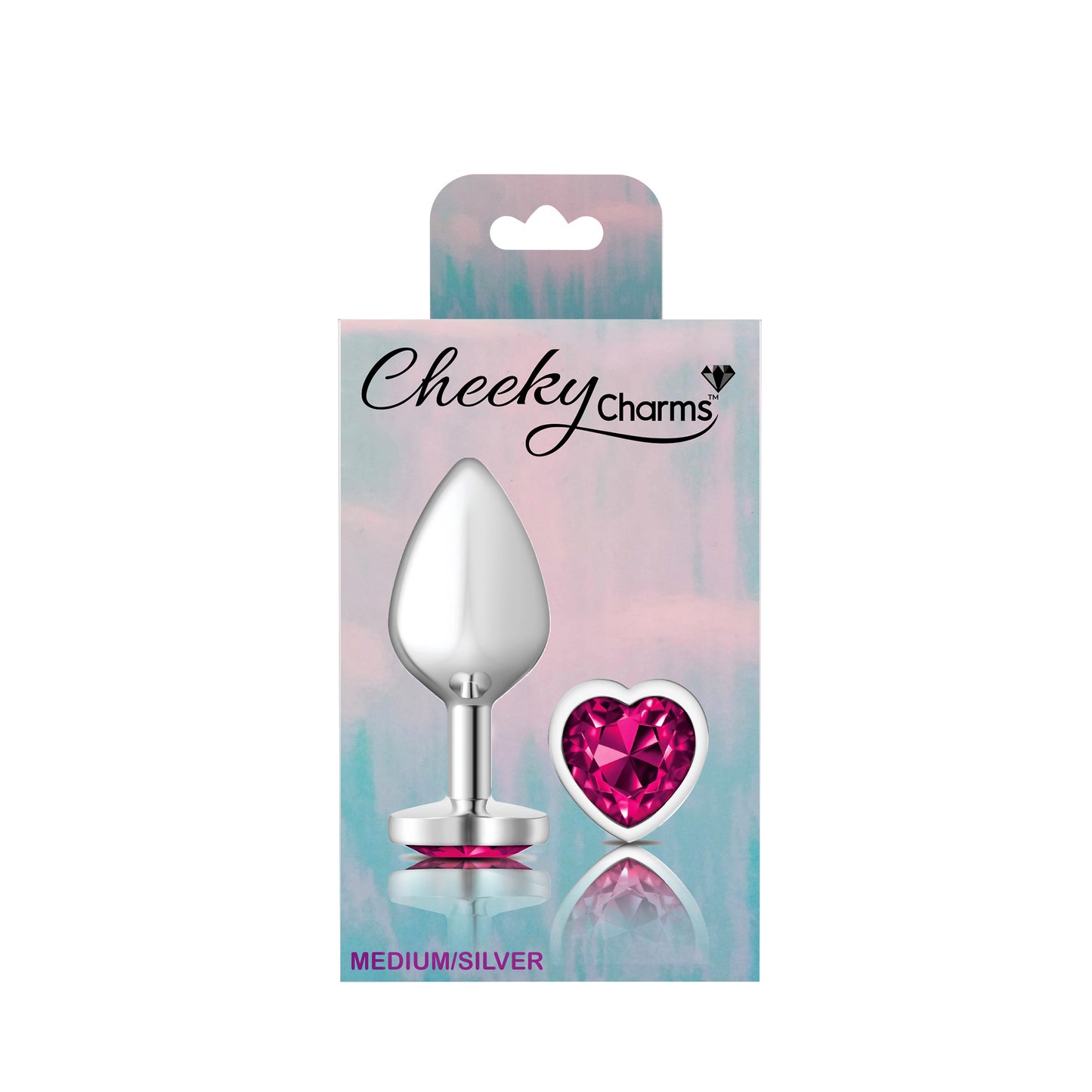 Cheeky Charms Medium Silver Metal Anal Plug with Bright Pink Heart Gem