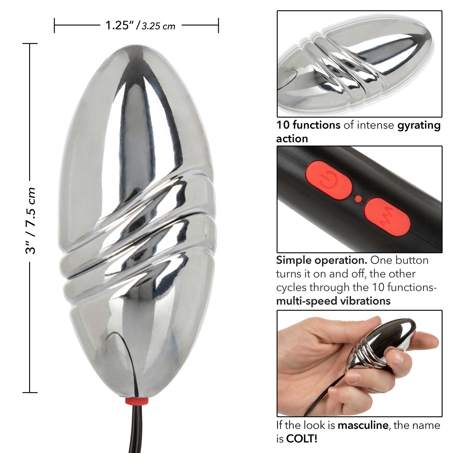 Colt Rechargeable Turbo Bullet - Silver - 10-Function Gyrating Bullet