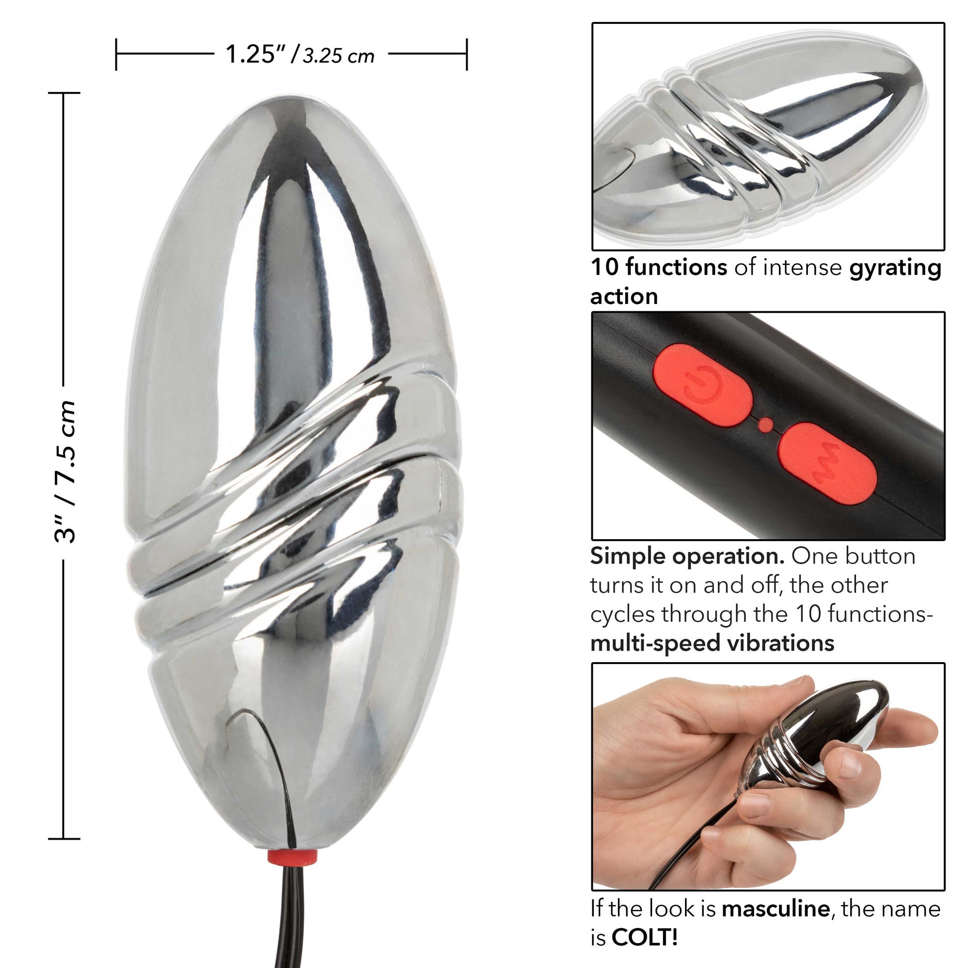 Colt Rechargeable Turbo Bullet - Silver - 10-Function Gyrating Bullet
