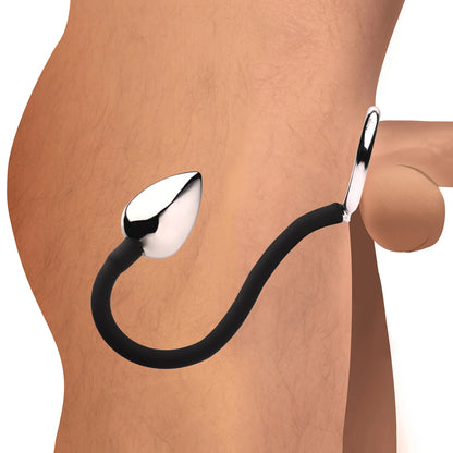 XR Brands Tug Plus Plug Cock and Ball Ring with Anal Plug - Black