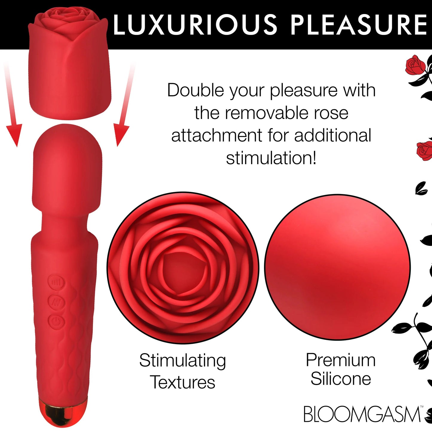 Pleasure Rose 10x Silicone Wand with Rose Attachment – Red