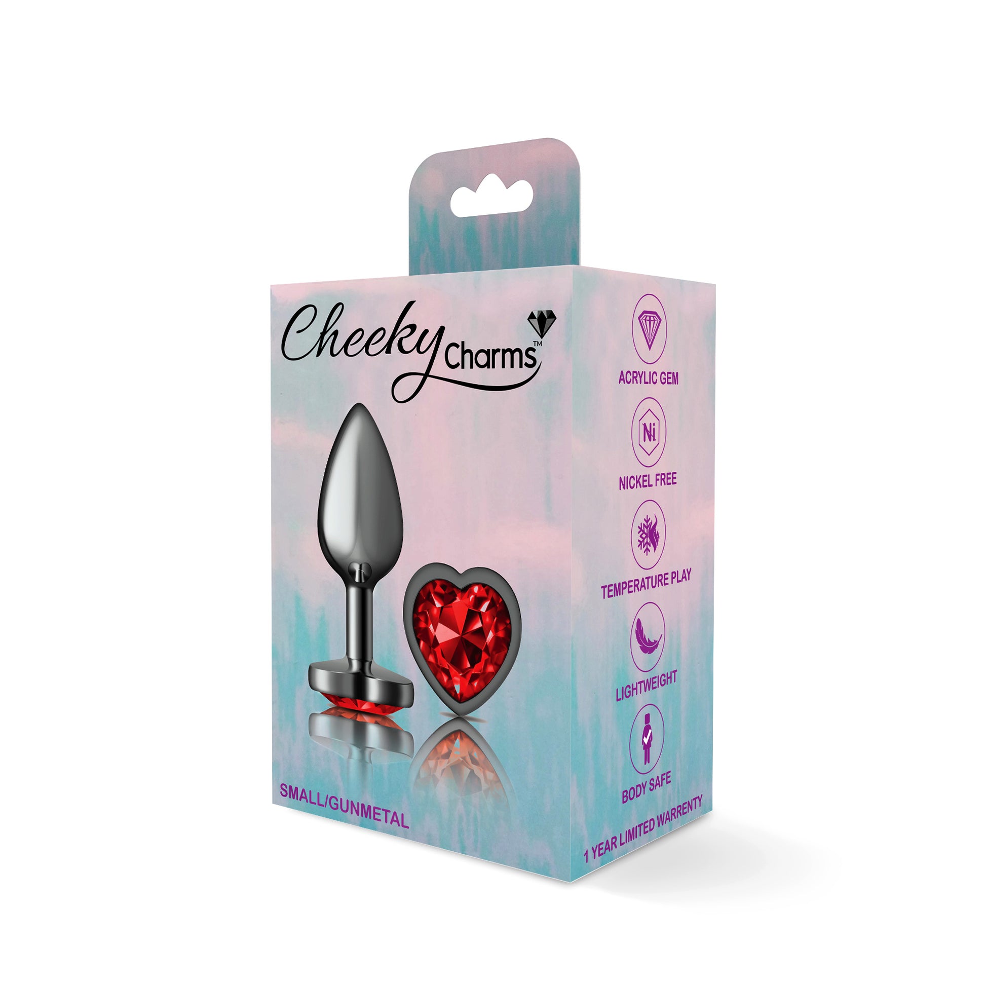 Cheeky Charms Deep Red Heart Gem Gunmetal Metal Anal Plug - Small