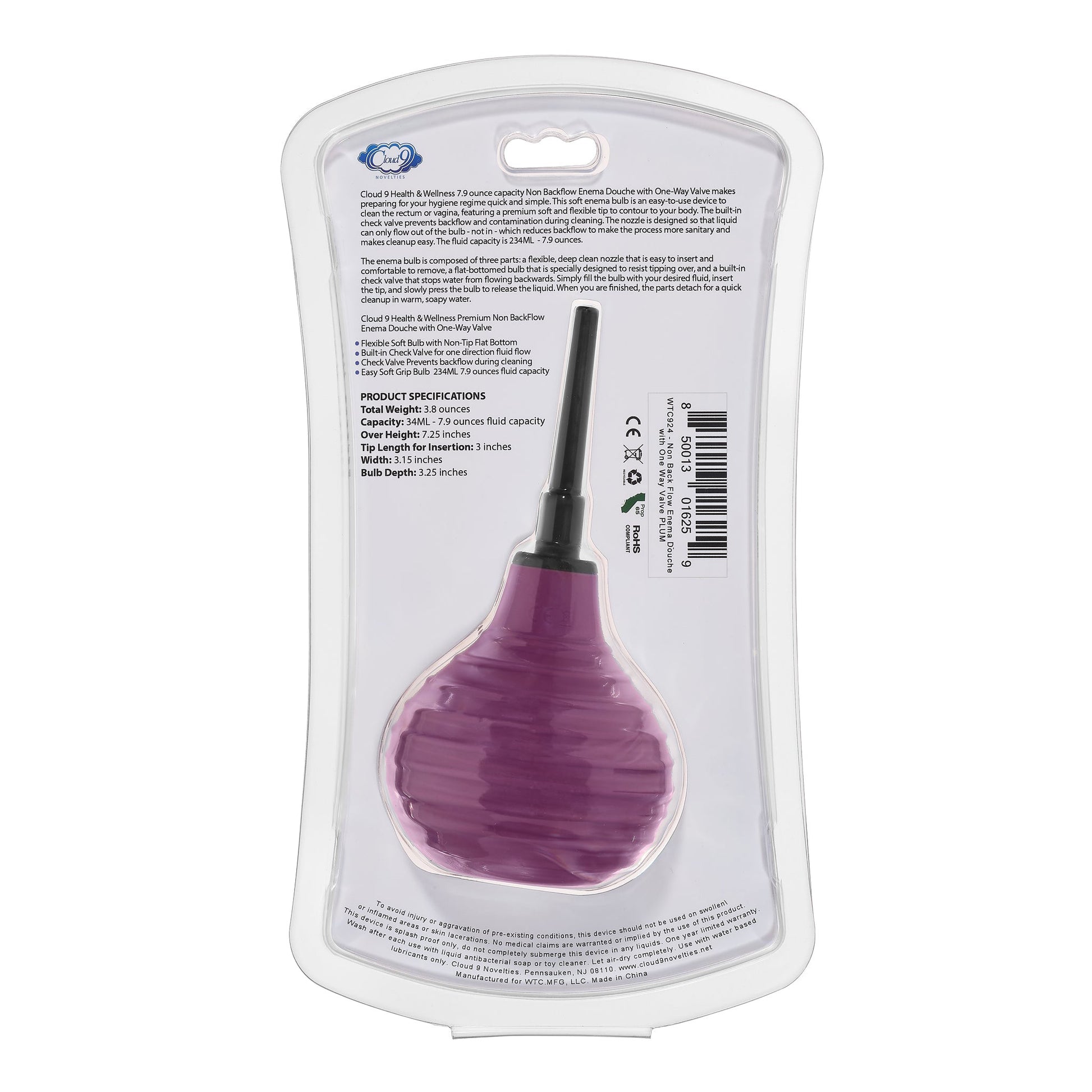 Cloud 9 Health & Wellness Enema Douche with One-Way Valve – Purple