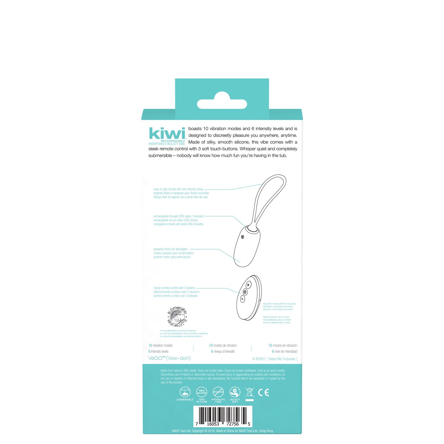 VeDO Kiwi Rechargeable Insertable Bullet - Tease Me Turquoise with 10 Vibration Modes