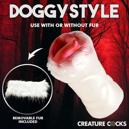 XR Brands Snow She-Wolf Silicone Stroker - White - Textured Inner Tunnel with Removable Faux Fur Cover