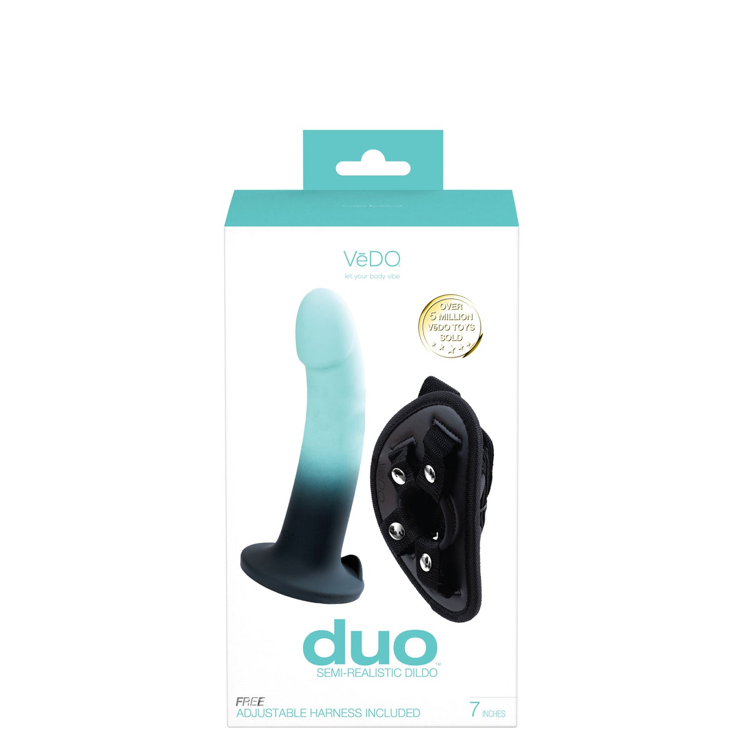 VeDO Duo 7" Semi-Realistic Dildo with Harness - Turquoise/Black