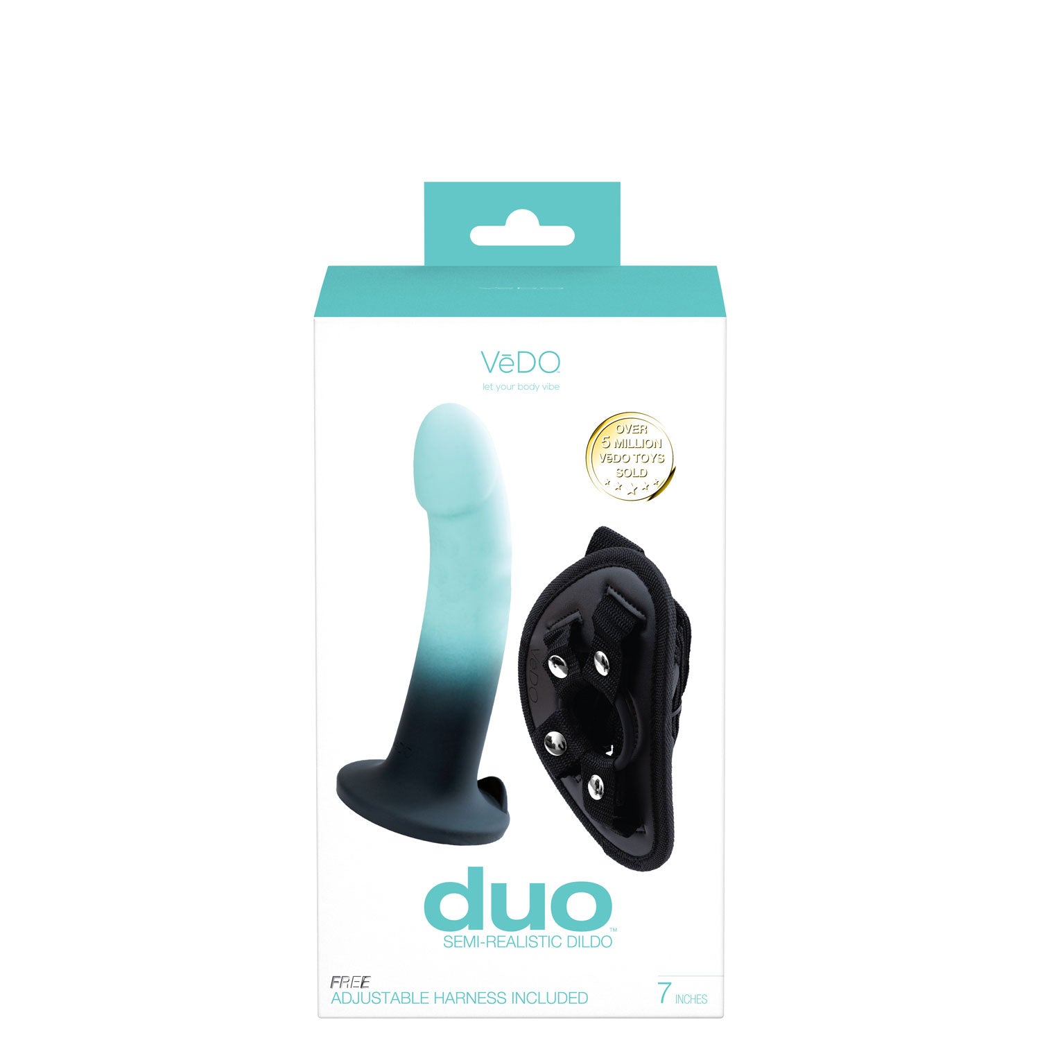 VeDO Duo 7" Semi-Realistic Dildo with Harness - Turquoise/Black