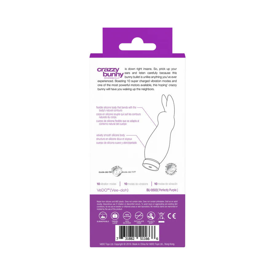 VeDO Crazzy Bunny Rechargeable Bullet - 10 Vibration Modes - Purple