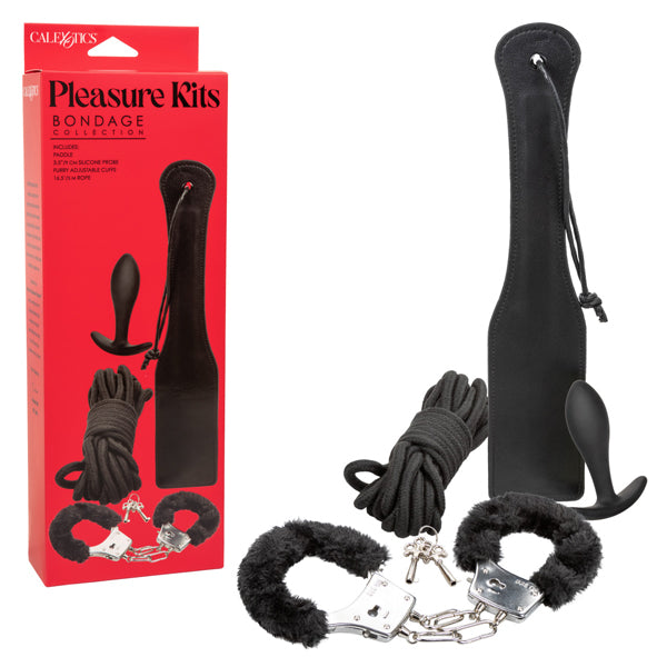 CalExotics Pleasure Kits Bondage Collection - Black - Includes Paddle, Silicone Probe, Cuffs, and Rope