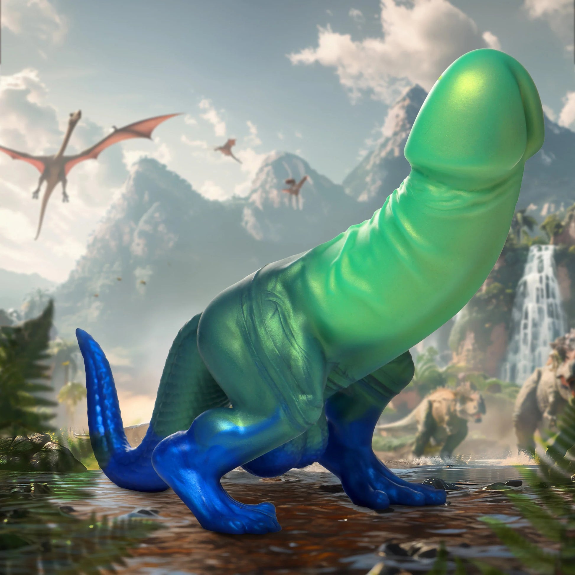 XR Brands Jurassic Cock Dinosaur Silicone Dildo – Green/Blue