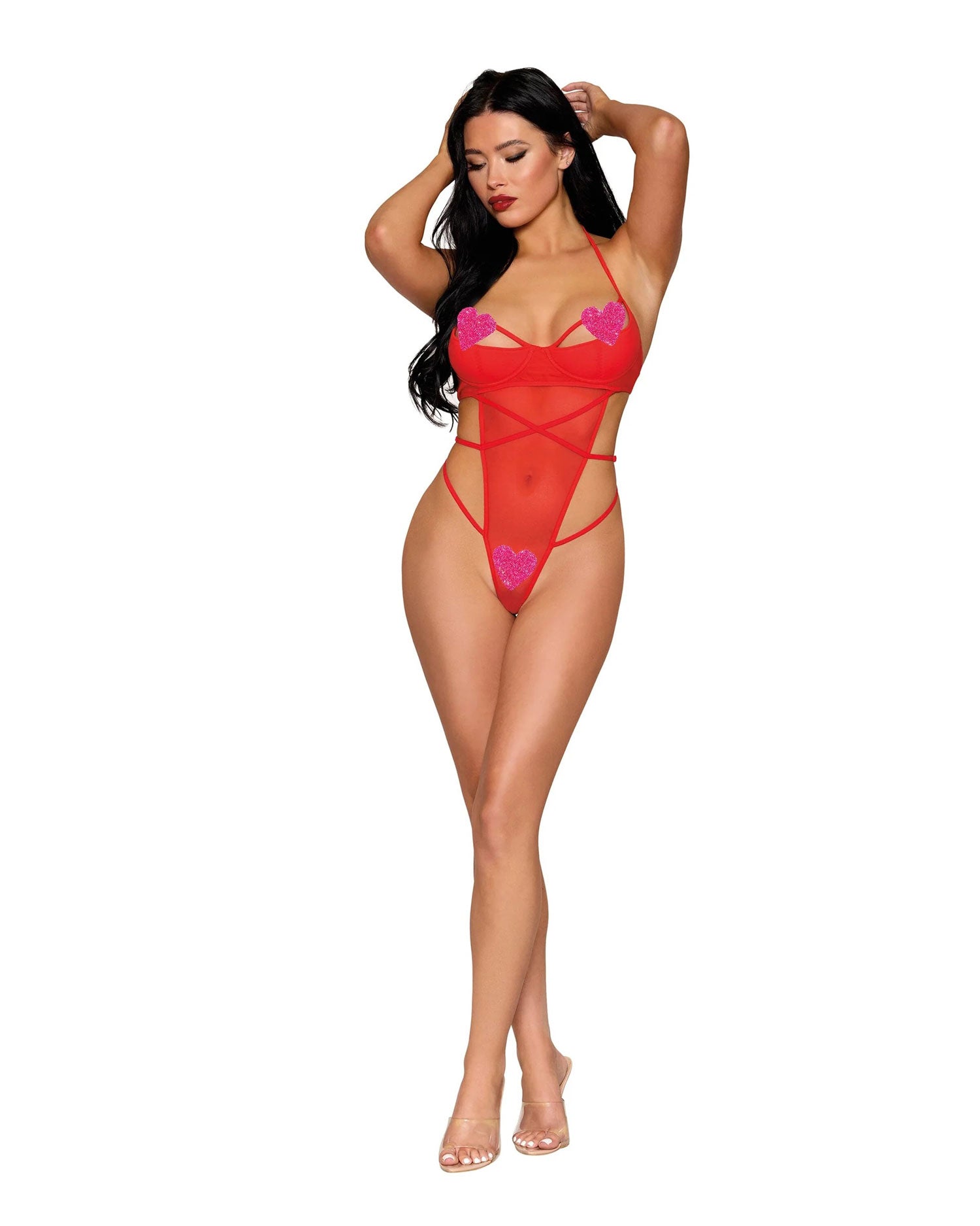 Dreamgirl Teddy DMND with Pink Hearts - Red - One Size