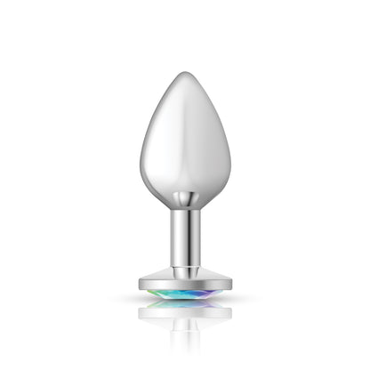 Cheeky Charms Medium Silver Metal Anal Plug with Clear Iridescent Gemstone