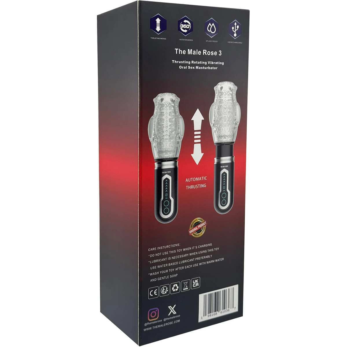 The Male Rose 3 Thrusting, Rotating, and Vibrating Rechargeable Oral Sex Penis Masturbator - Clear