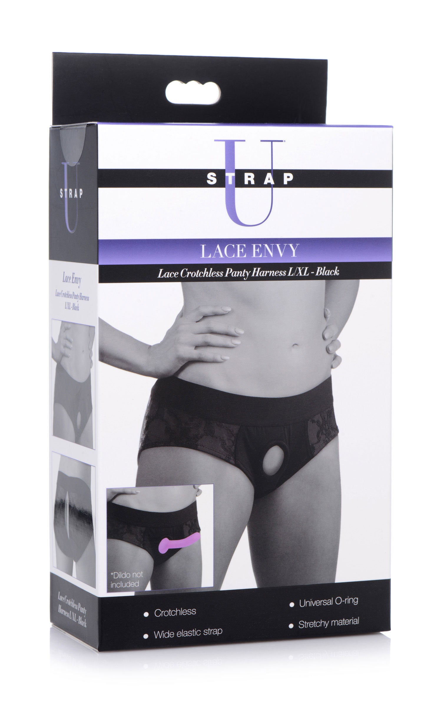 Lace Envy Black Crotchless Panty Harness - L/XL with Universal O-ring