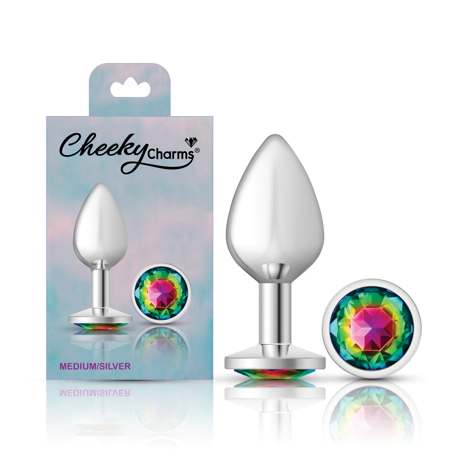 Cheeky Charms Rainbow Round Gem Medium Anal Plug – Silver