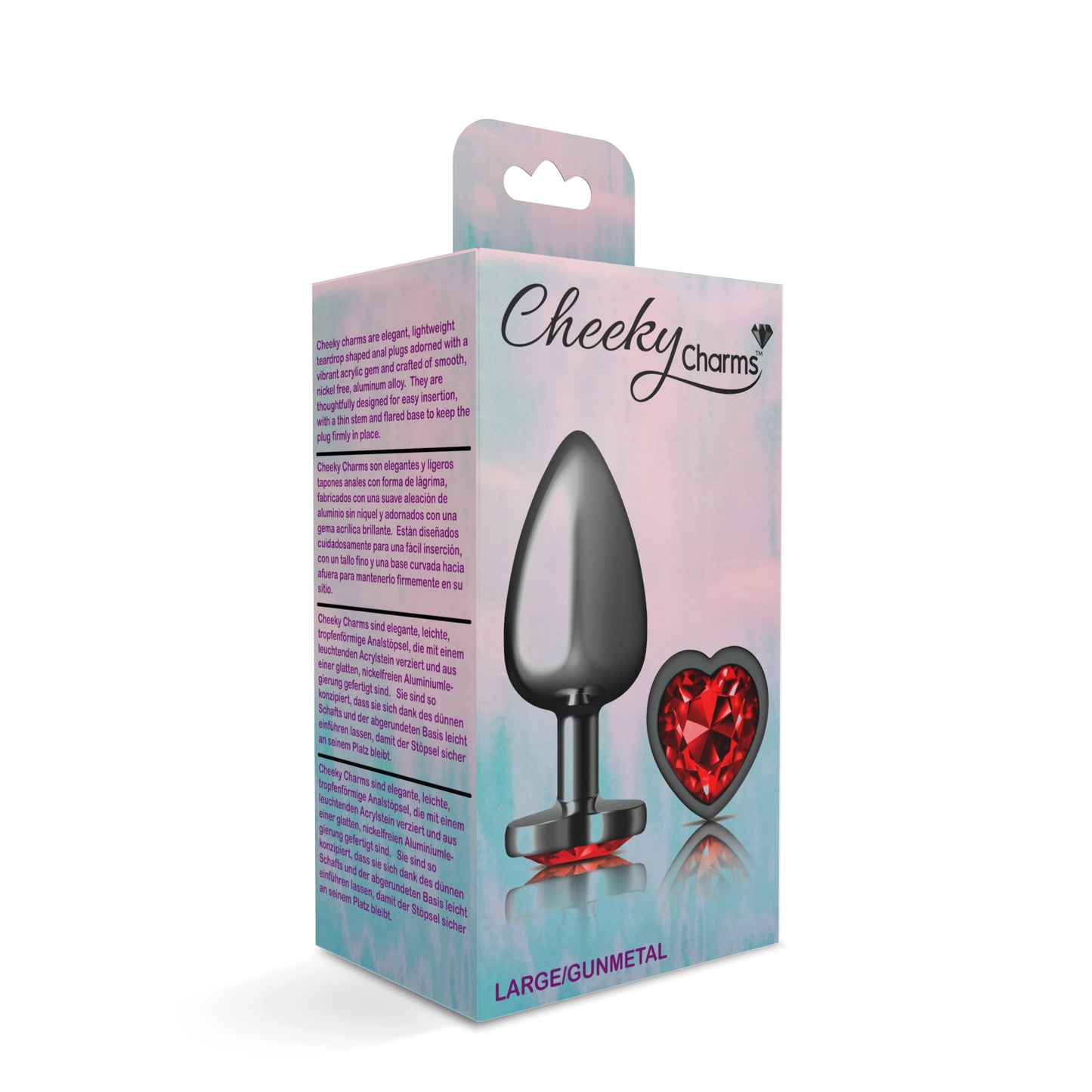 Cheeky Charms Large Gunmetal Metal Anal Plug with Deep Red Heart Gemstone