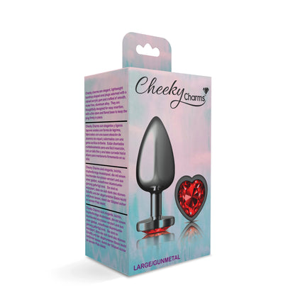 Cheeky Charms Large Gunmetal Metal Anal Plug with Deep Red Heart Gemstone