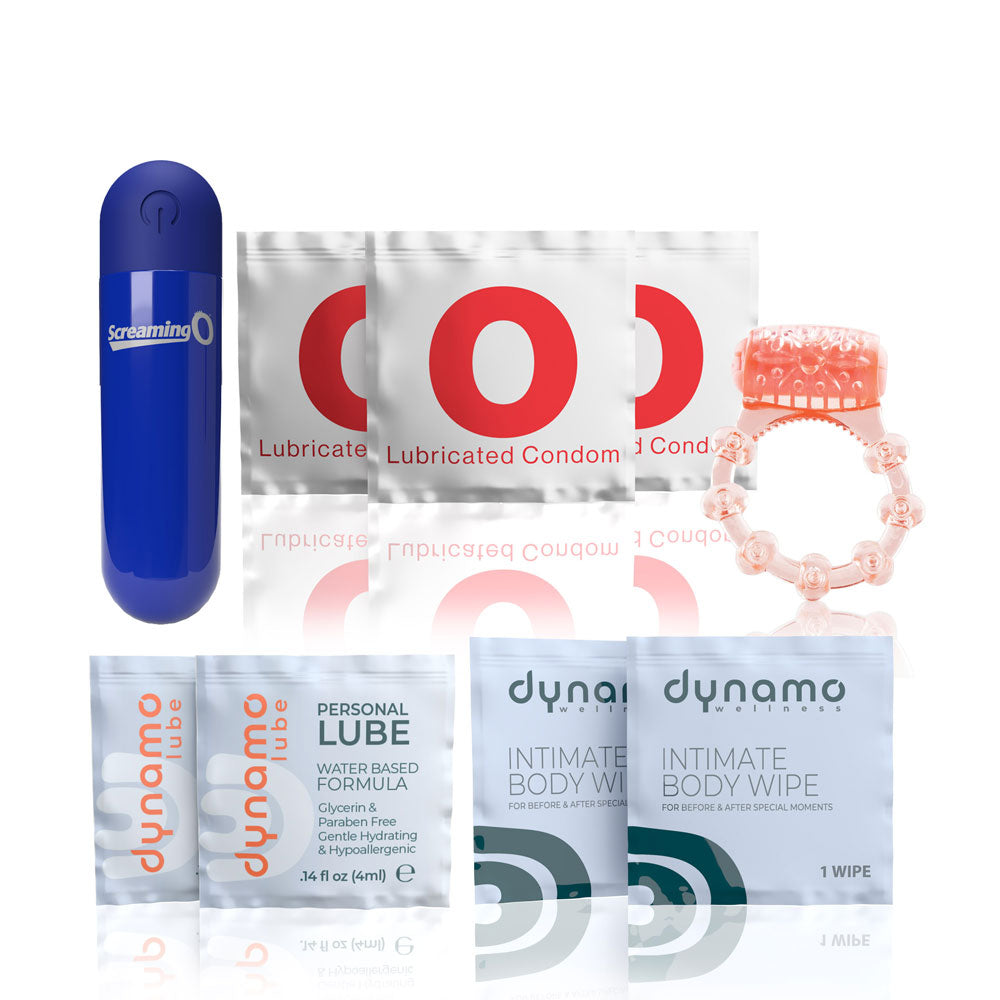 Screaming O Date Night Intimacy Kit – Rechargeable Mini Massager, Vibrating Ring, Condoms, Lubricant Wipes