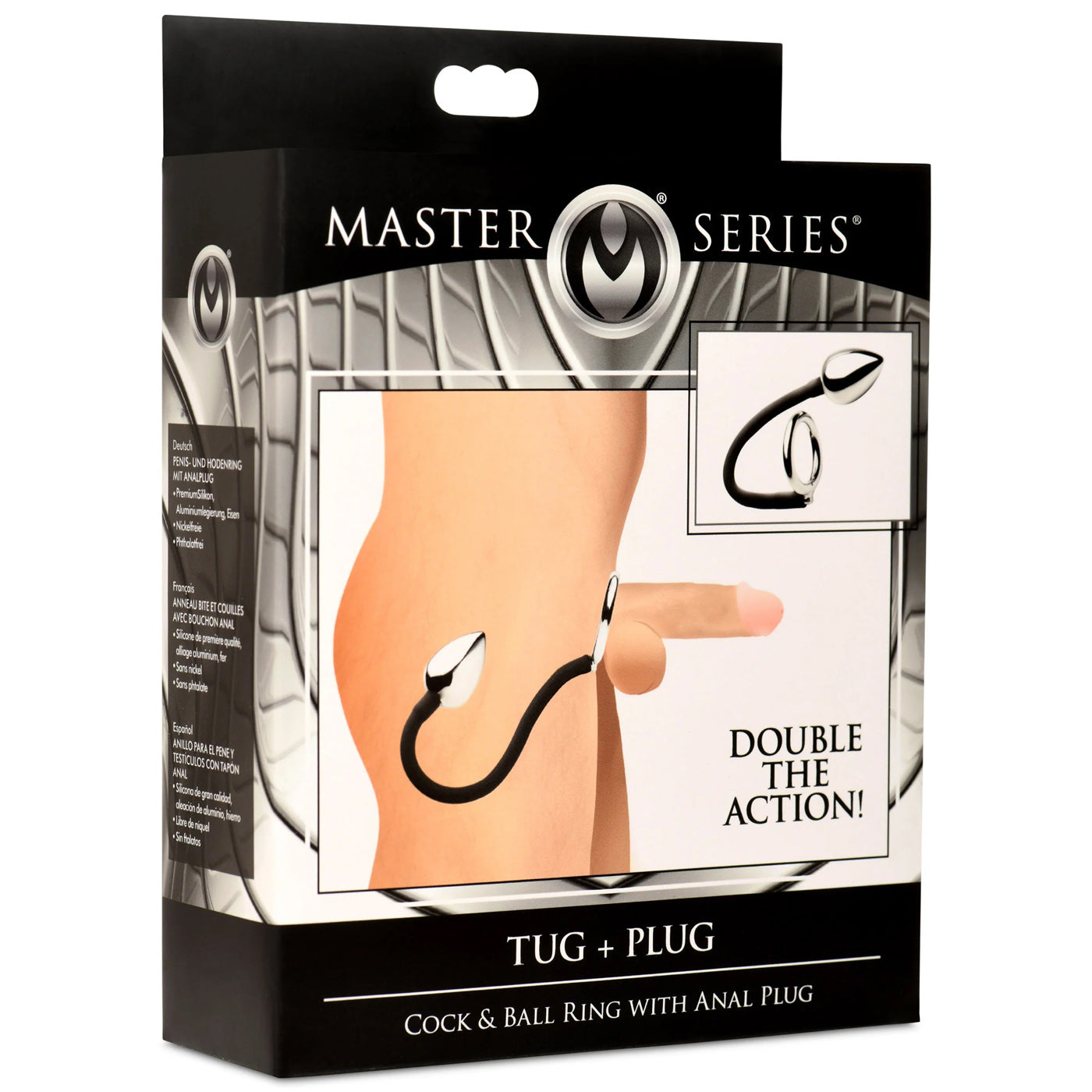 XR Brands Tug Plus Plug Cock and Ball Ring with Anal Plug - Black