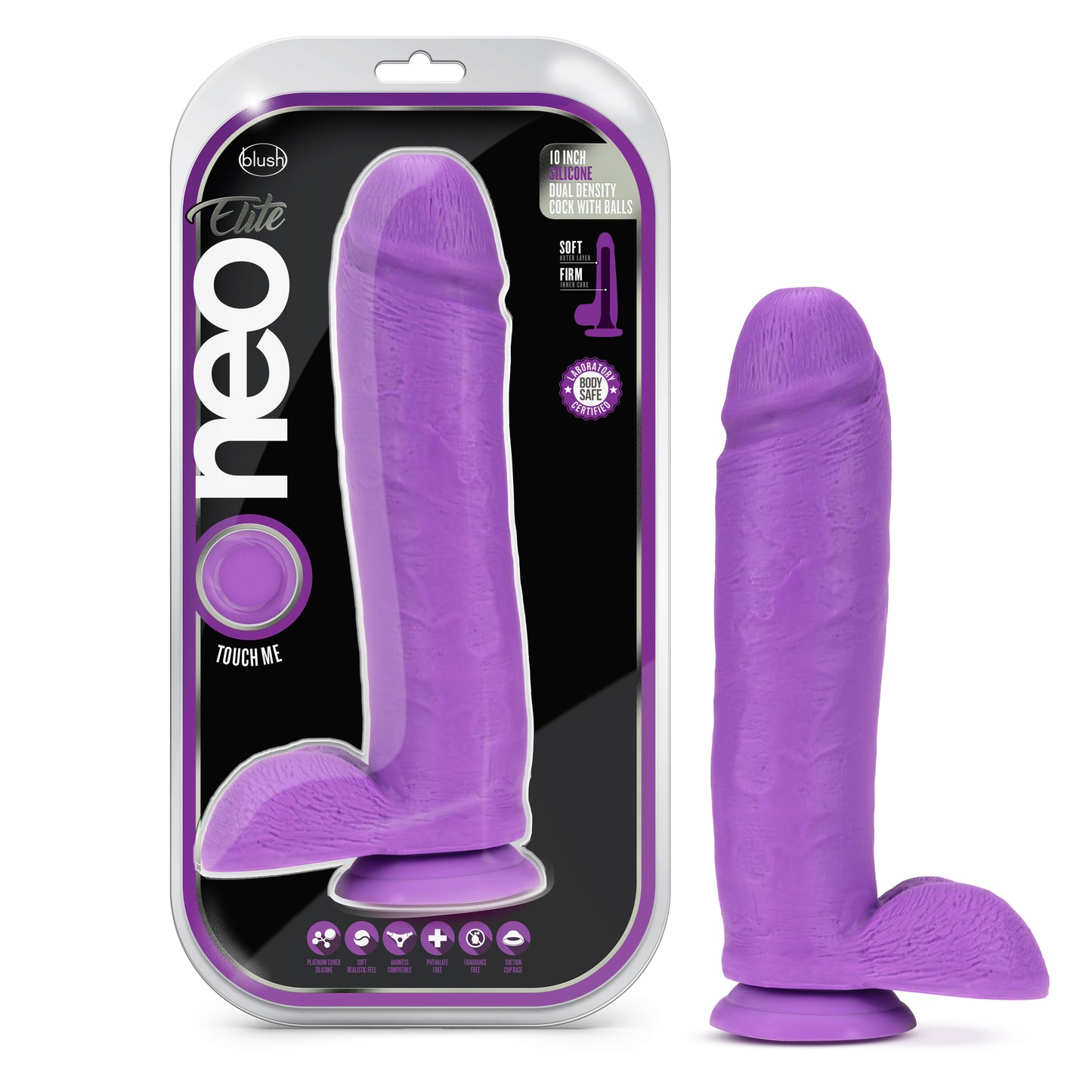 Blush Neo Elite 10 Inch Silicone Dual Density Cock with Balls - Neon Purple