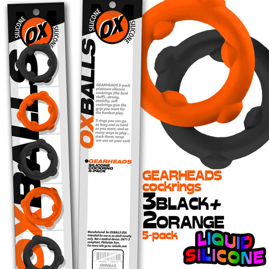 Oxballs Gearheads 5-Pack Cockrings – Orange and Black