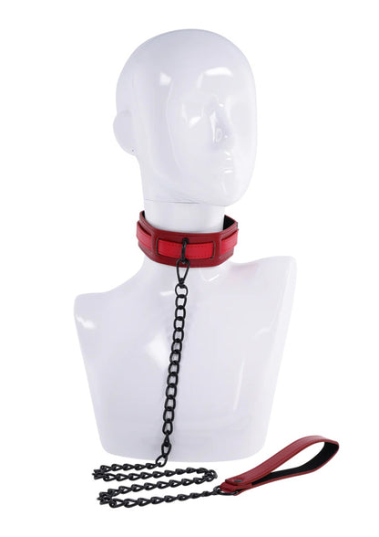 Sportsheets eX's and Oh's Collar and Leash Set - Red Faux Leather with Matte Black Chain