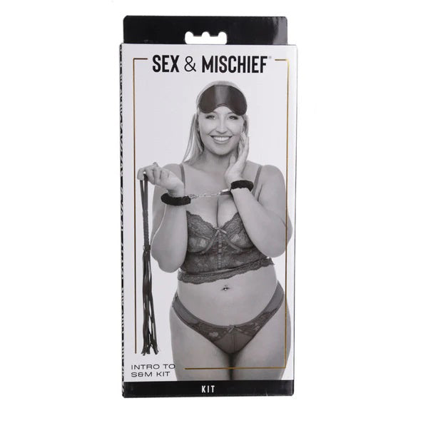 Sex and Mischief Fetish Play Kit – Black – Includes Handcuffs, Blindfold, and Whip