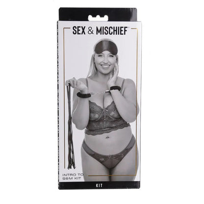 Sex and Mischief Fetish Play Kit – Black – Includes Handcuffs, Blindfold, and Whip
