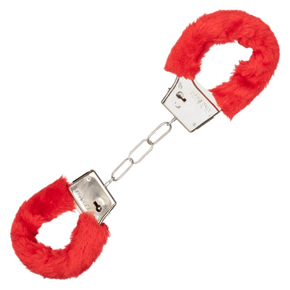 CalExotics Playful Furry Cuffs - Red Metal Handcuffs with Removable Faux Fur