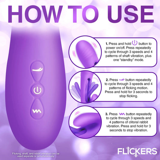 Tri-Flick Flicking Silicone Rabbit Vibrator - Purple