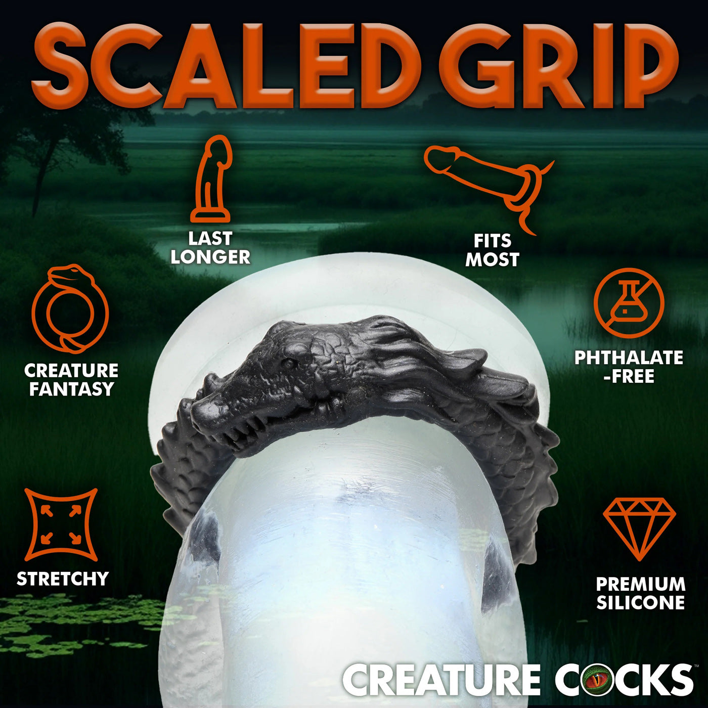 Black Caiman Silicone Cock Ring – Phthalate Free – Black