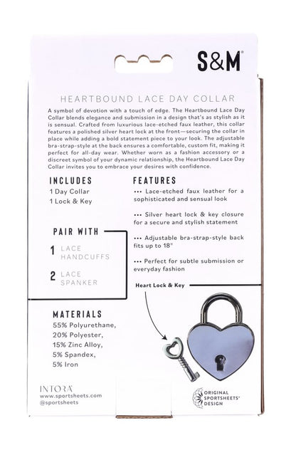 Sportsheets Heartbound Lace Day Collar – Black – Adjustable Faux Leather with Heart Lock