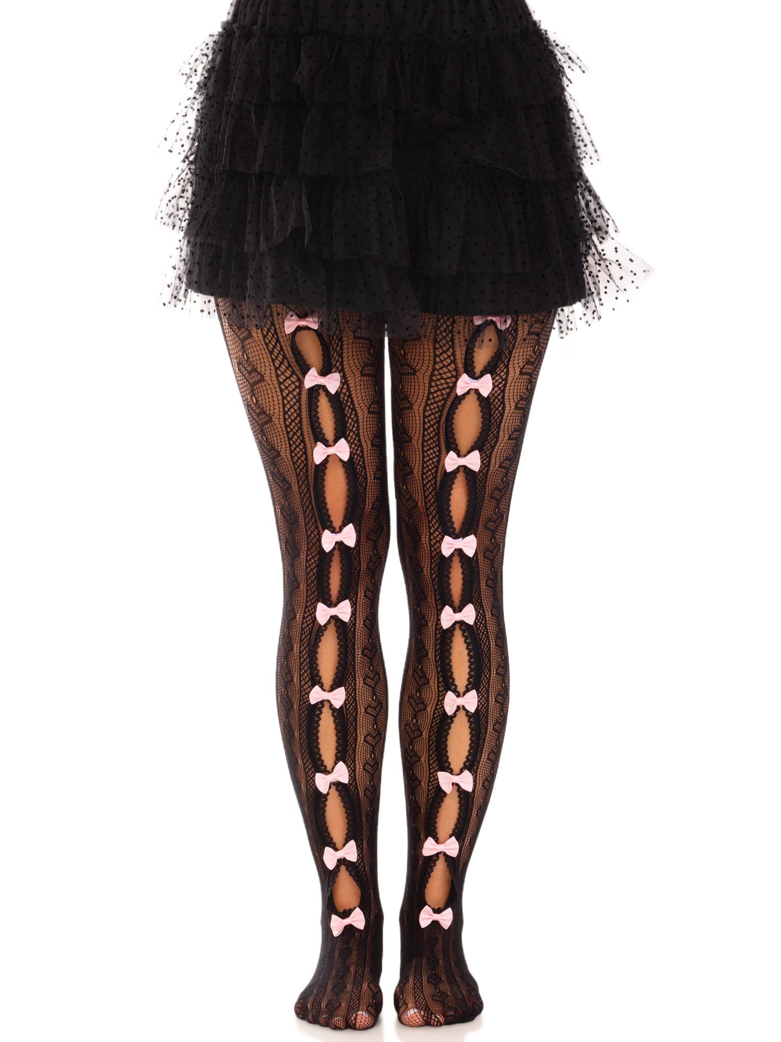 Leg Avenue Sweetheart Striped Net Tights with Keyhole and Mini Bow Detail – Black