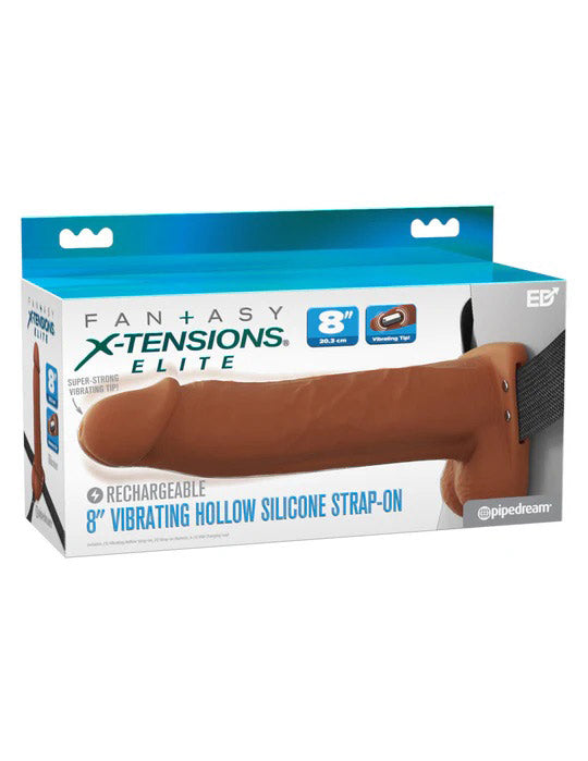 Pipedream Fantasy X-Tensions Elite 8" Vibrating Hollow Silicone Strap-on - Brown