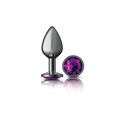 Cheeky Charms Medium Gunmetal Teardrop Anal Plug with Deep Purple Gemstone