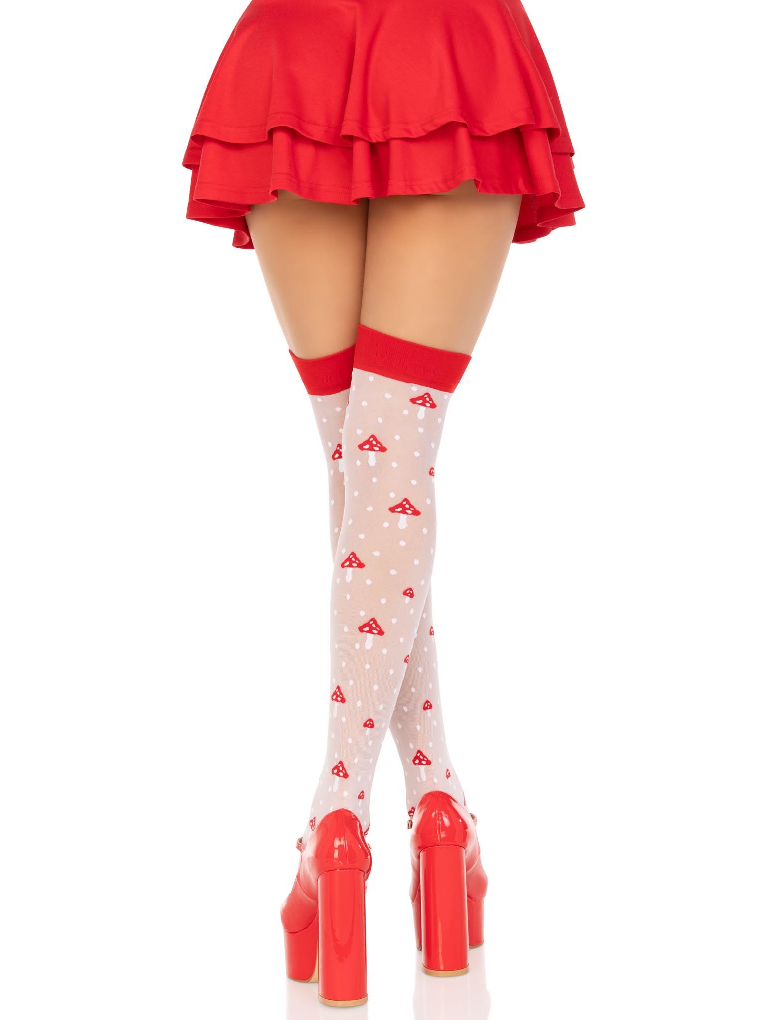 Leg Avenue Polka Dot Mushroom Thigh Highs - Sheer White/Red