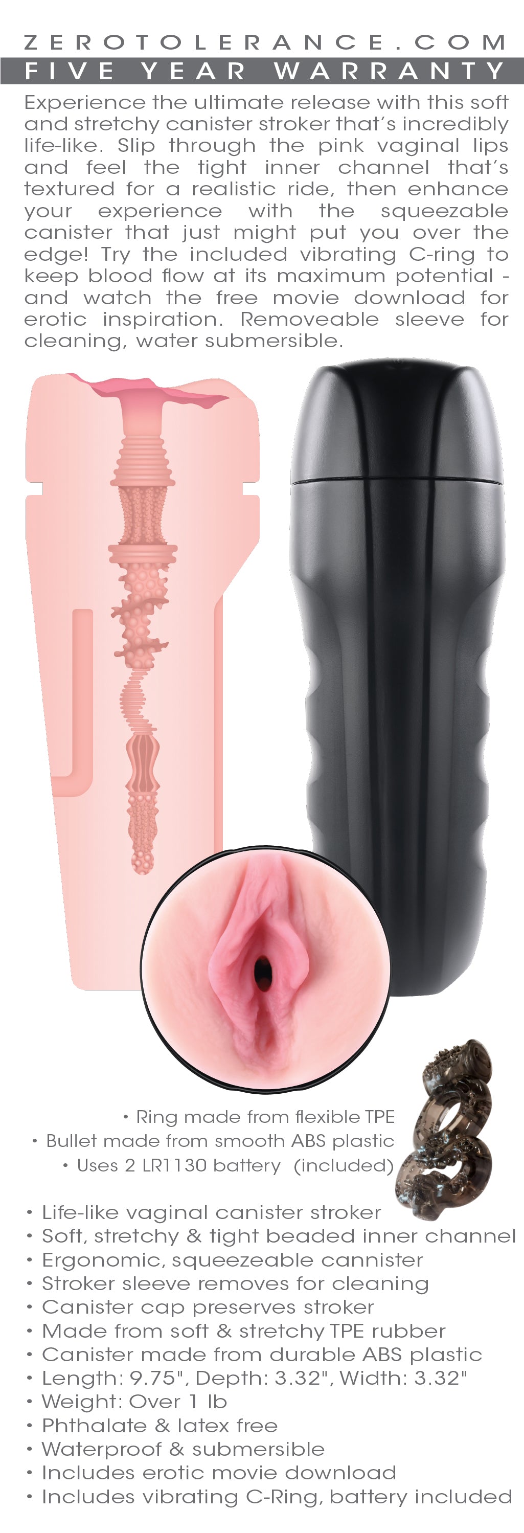 Evolved Novelties Grip It Light Canister Stroker with Vibrating C-Ring – Pink