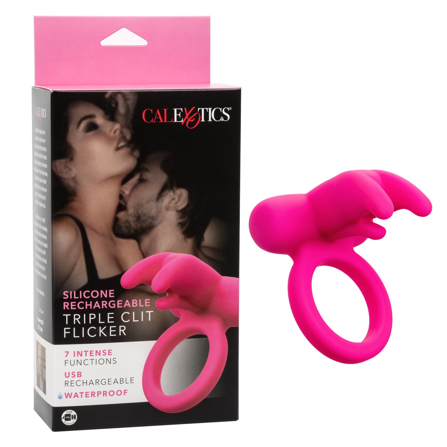 CalExotics Silicone Rechargeable Triple Clit Flicker – Pink – Multi-Function Vibrating Couples Enhancer