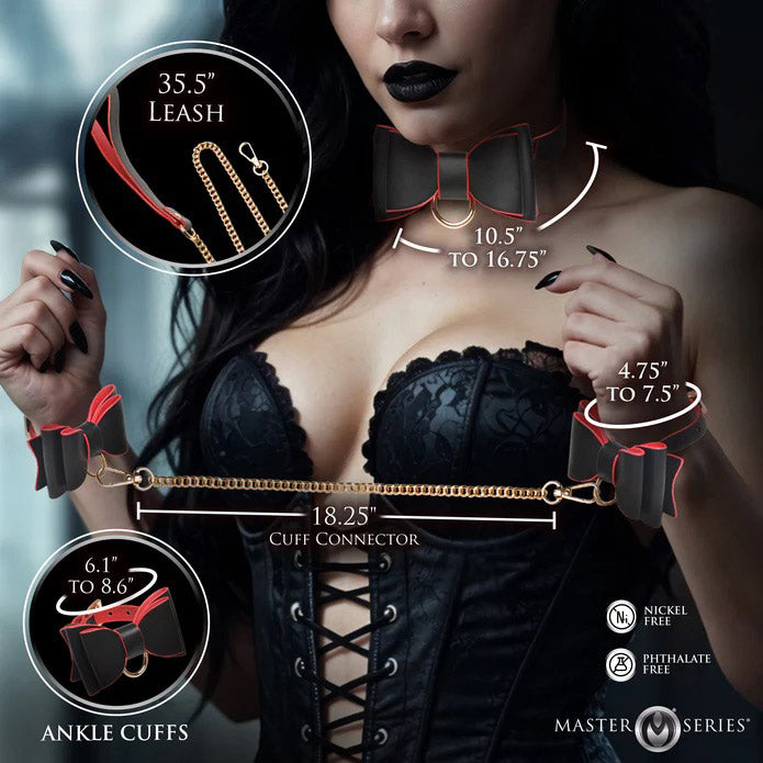 XR Brands Gothic Bondage Set - Adjustable Vegan Leather with Gold Chain Leash and Cuffs - Multi