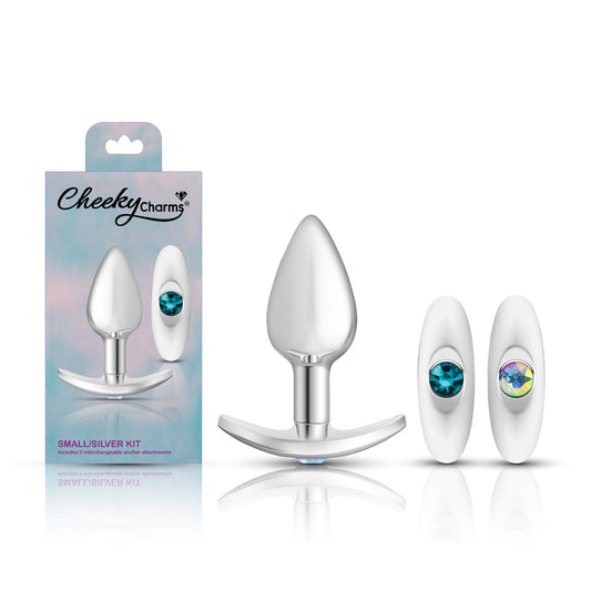 Cheeky Charms Silver Anchor Buttplug Kit with Interchangeable Gemstone Bases – Clear Iridescent/Teal