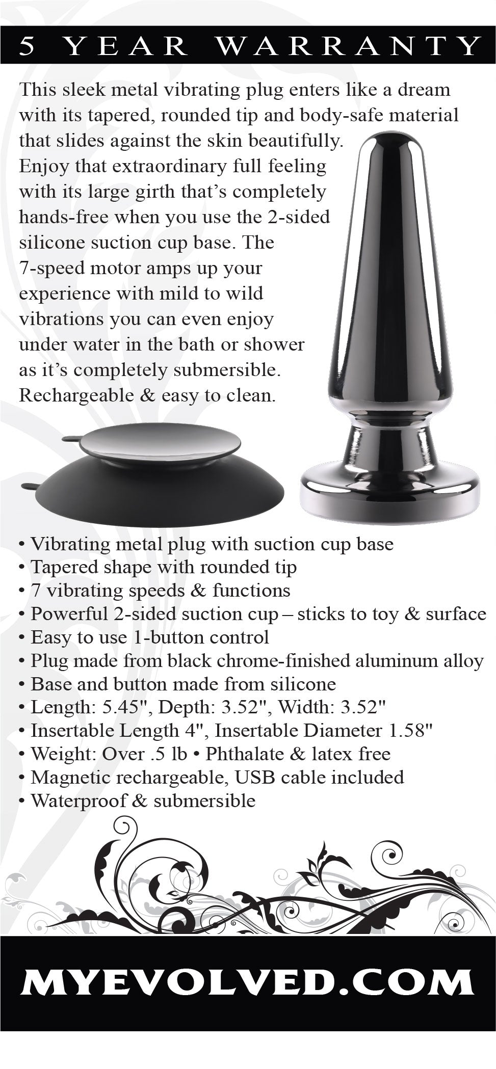 Evolved Novelties Advanced Metal Plug – Vibrating Plug with Suction Cup – Black Chrome