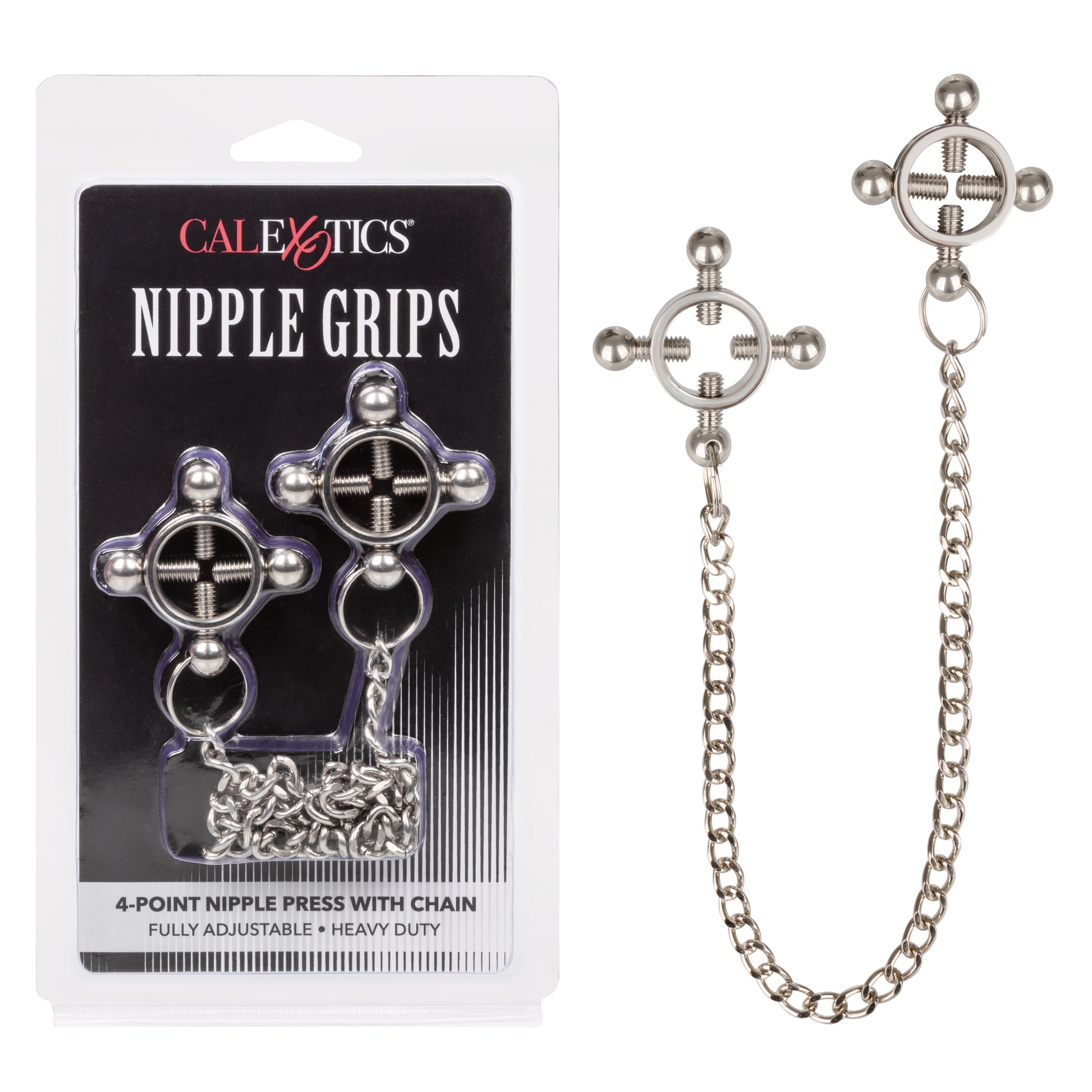 CalExotics Nipple Grips 4-Point Nipple Press with Chain – Silver