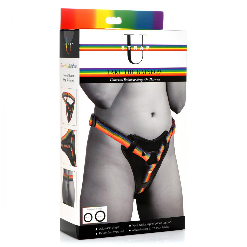 XR Brands Take the Rainbow Universal Harness - Adjustable Strap-On Harness with 2 O-Rings - Rainbow Color
