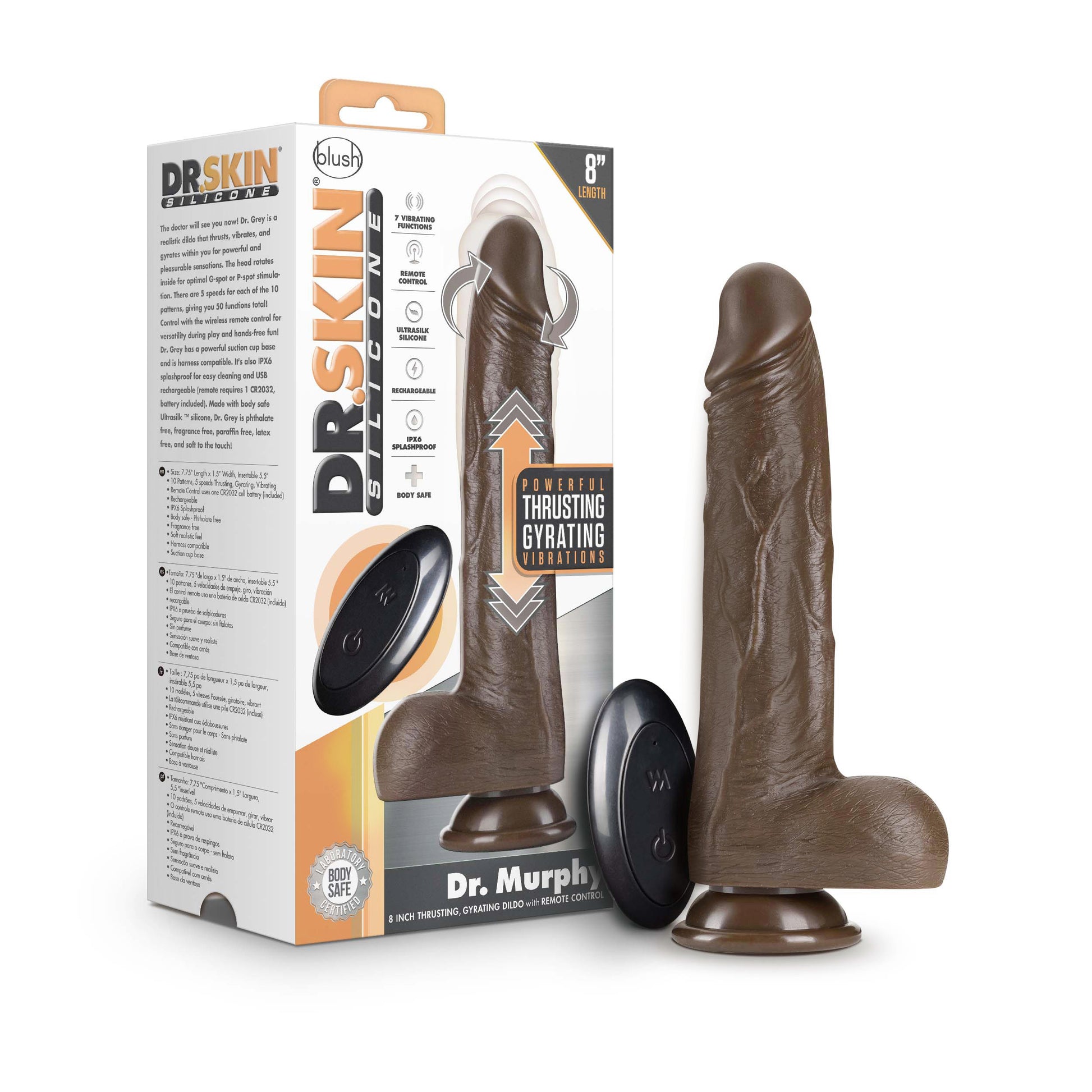 Dr. Skin Silicone Dr. Murphy 8 Inch Thrusting Dildo with Remote Control - Chocolate